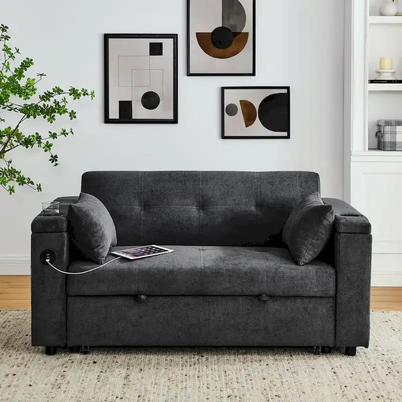 54  Pull-Out Sleeper Sofa Bed Double Seat Recliner Sofa Bed with Armrests with Storage and Side Pockets, Adjustable Backrest and