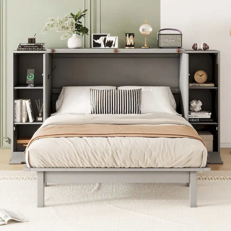 Letto a scomparsa full size con ripiani, cassetti e porte USB, grigio