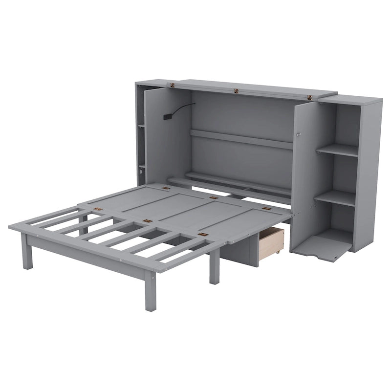 Letto a scomparsa full size con ripiani, cassetti e porte USB, grigio