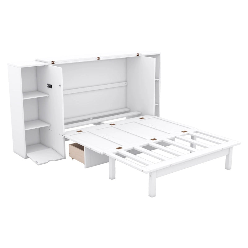 Letto a scomparsa full size con ripiani, cassetti e porte USB, grigio