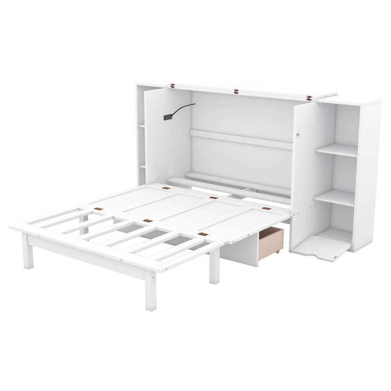 Letto a scomparsa full size con ripiani, cassetti e porte USB, grigio
