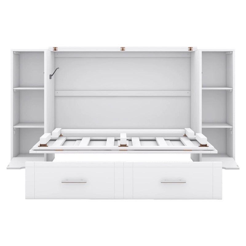 Letto a scomparsa full size con ripiani, cassetti e porte USB, grigio