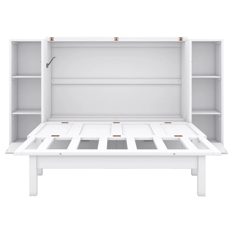Letto a scomparsa full size con ripiani, cassetti e porte USB, grigio