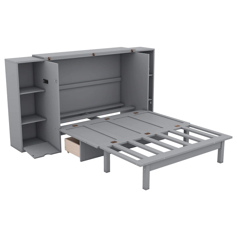 Letto a scomparsa full size con ripiani, cassetti e porte USB, grigio