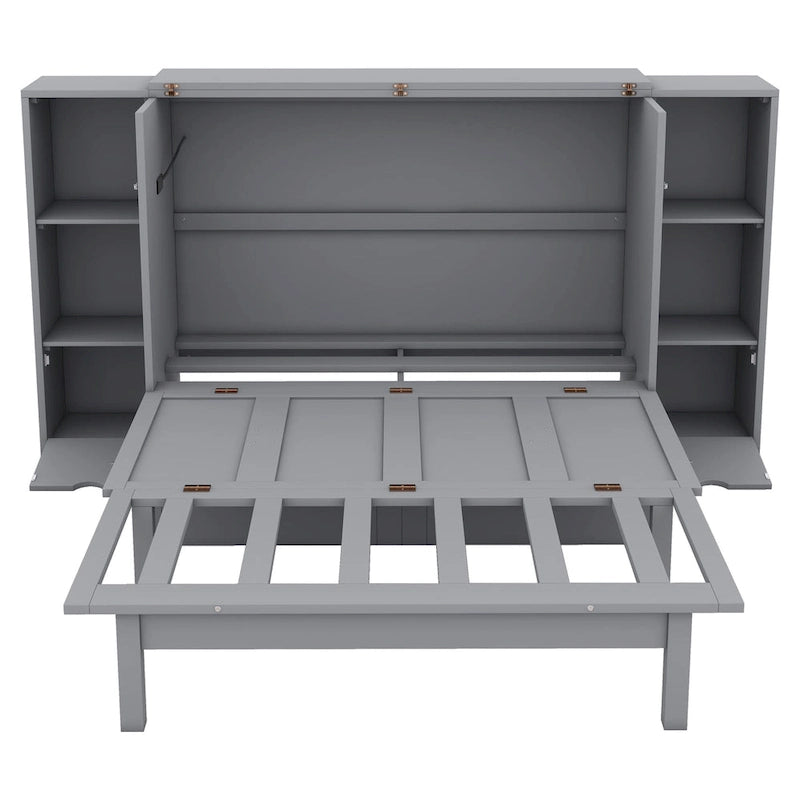 Letto a scomparsa full size con ripiani, cassetti e porte USB, grigio