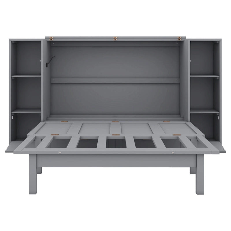 Letto a scomparsa full size con ripiani, cassetti e porte USB, grigio
