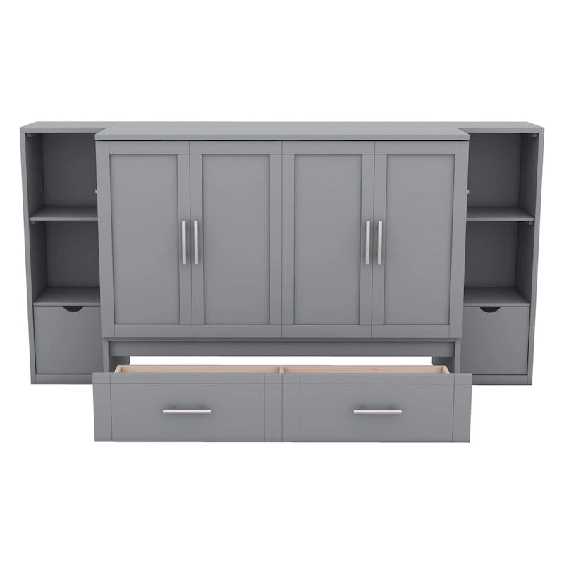 Letto a scomparsa full size con ripiani, cassetti e porte USB, grigio