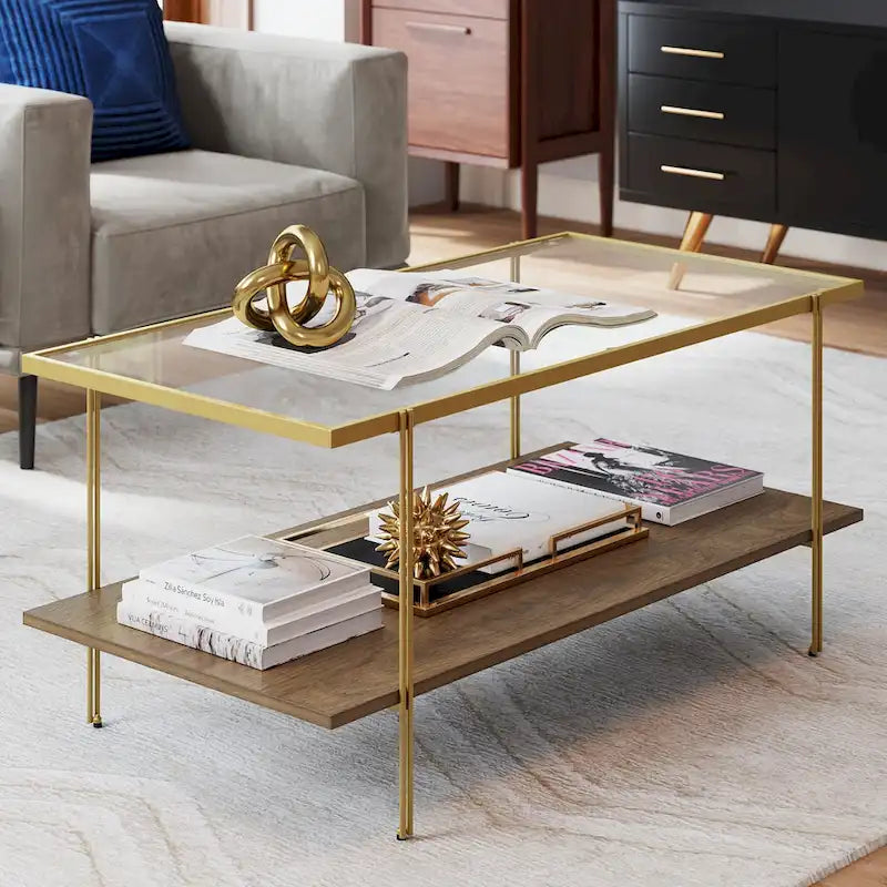 Tavolino da caffè Nathan James Asher Mid-Century con ripiano in vetro e ripiano in rovere