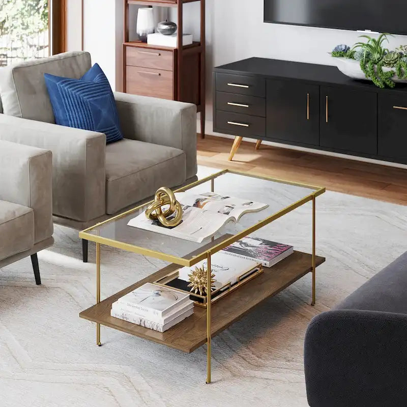 Tavolino da caffè Nathan James Asher Mid-Century con ripiano in vetro e ripiano in rovere