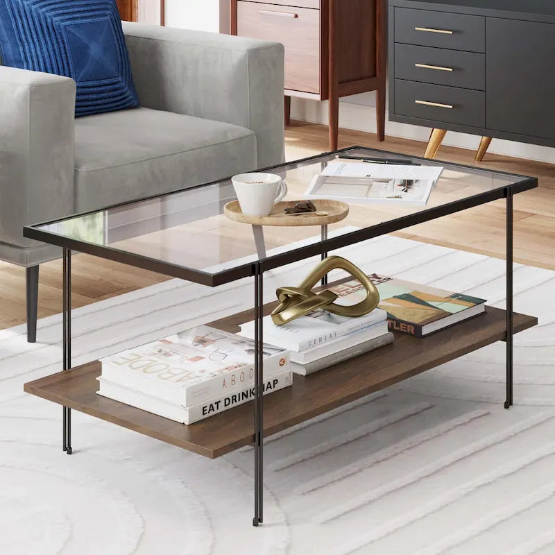 Tavolino da caffè Nathan James Asher Mid-Century con ripiano in vetro e ripiano in rovere