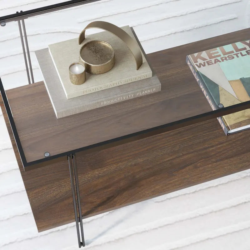 Tavolino da caffè Nathan James Asher Mid-Century con ripiano in vetro e ripiano in rovere