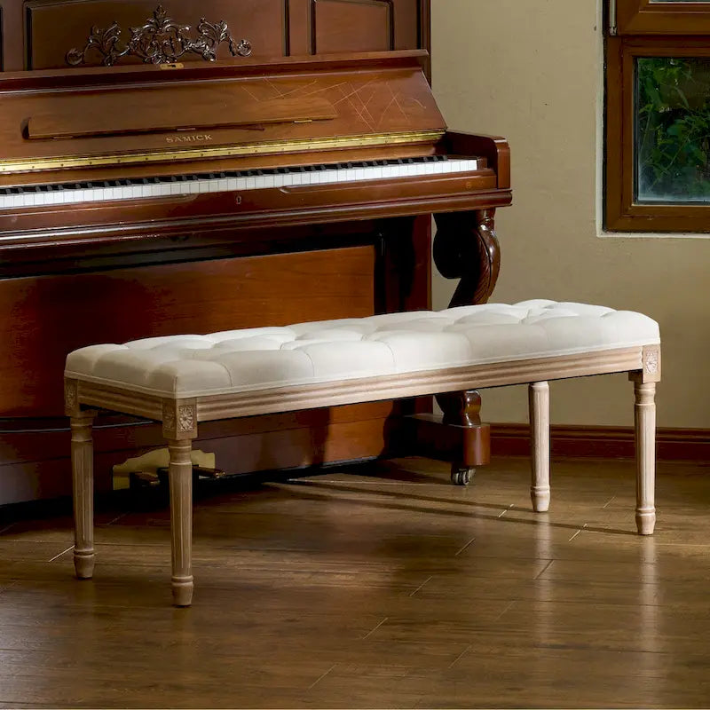 CO-Z Extra Long French Vintage Upholstered Bench w Carved Wood Frame