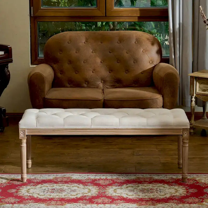Panca imbottita vintage francese extra lunga CO-Z con struttura in legno intagliato