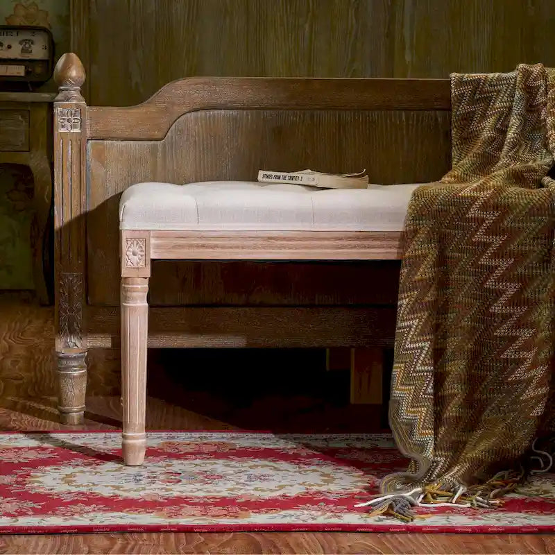 Panca imbottita vintage francese extra lunga CO-Z con struttura in legno intagliato