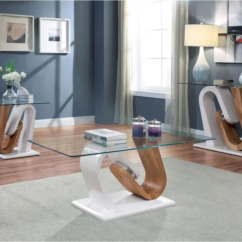Set di tavolini da caffè Tong Contemporary da 47 pollici con piano in vetro bianco e naturale, composto da 2 pezzi, di Furniture of America