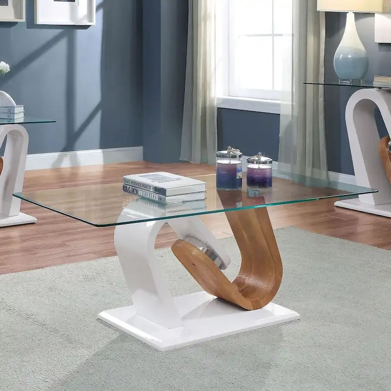Set di tavolini da caffè Tong Contemporary da 47 pollici con piano in vetro bianco e naturale, composto da 2 pezzi, di Furniture of America