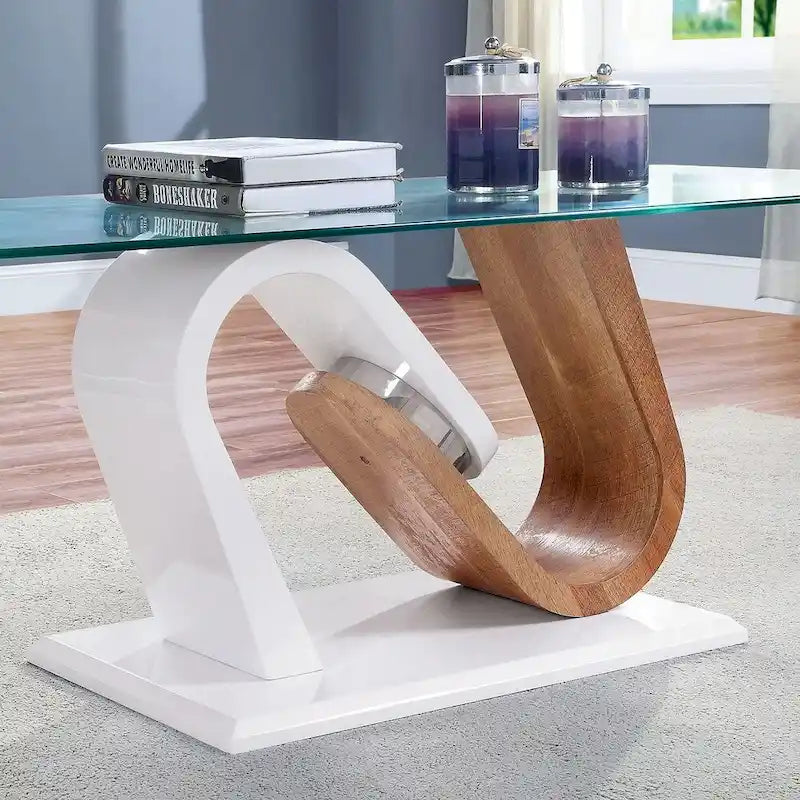 Set di tavolini da caffè Tong Contemporary da 47 pollici con piano in vetro bianco e naturale, composto da 2 pezzi, di Furniture of America
