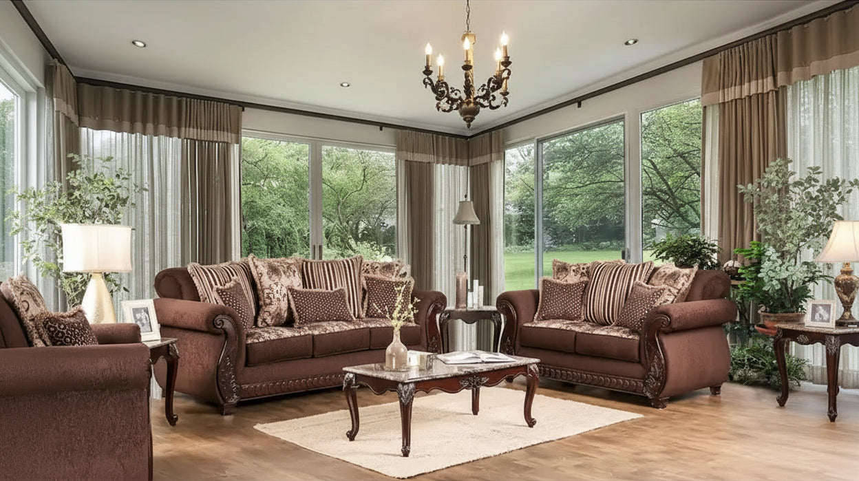 Divano con braccioli arrotolati rivestito in tessuto tradizionale Fova di Furniture of America