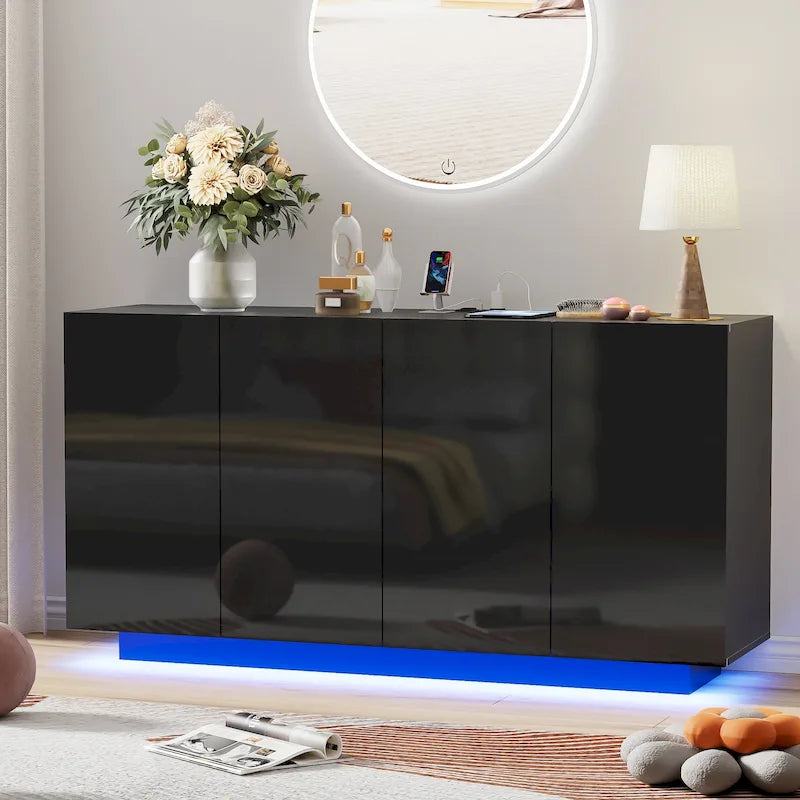 Mobile buffet con mobile bar contenitore, luce LED, ante lucide per camera da letto e soggiorno