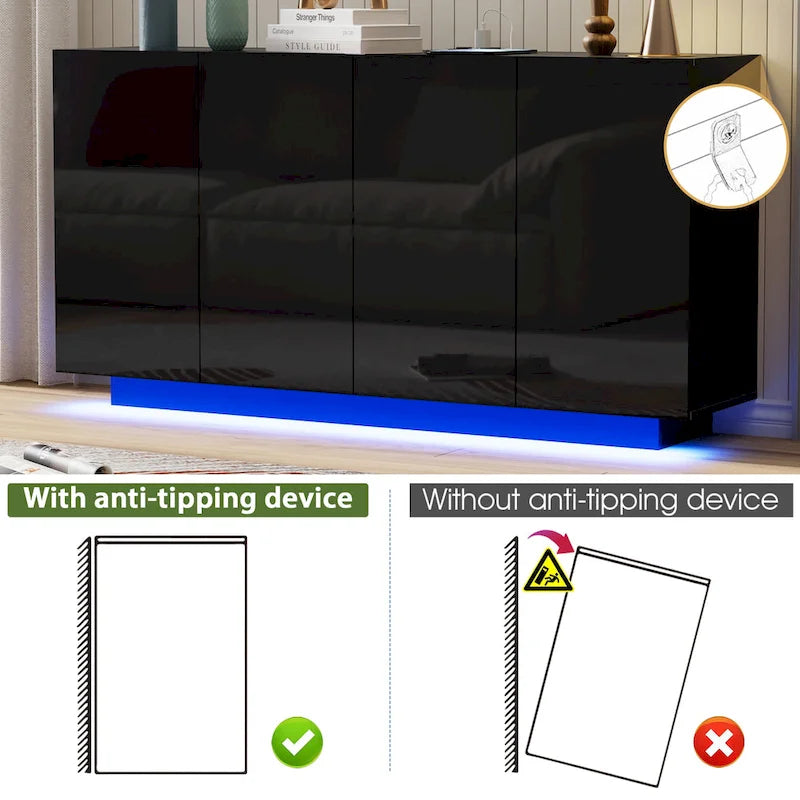 Mobile buffet con mobile bar contenitore, luce LED, ante lucide per camera da letto e soggiorno