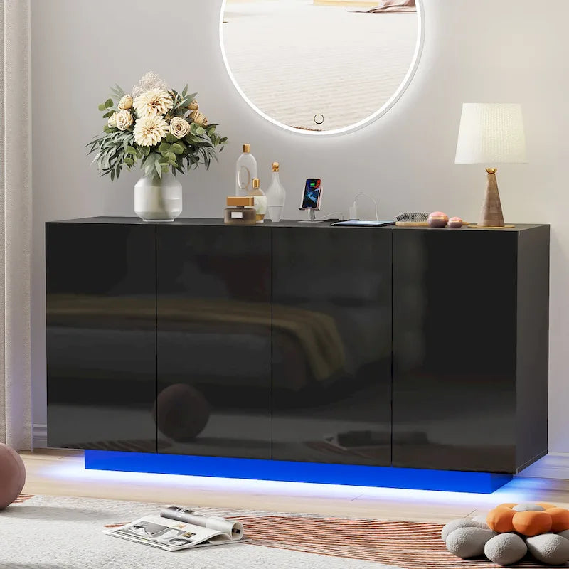 Mobile buffet con mobile bar contenitore, luce LED, ante lucide per camera da letto e soggiorno