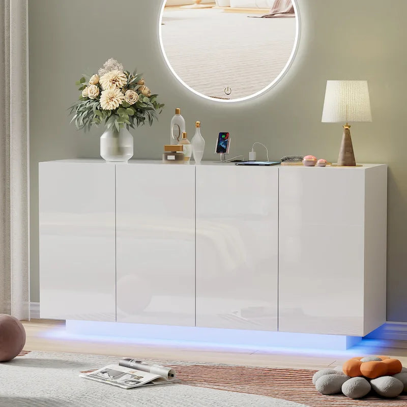 Mobile buffet con mobile bar contenitore, luce LED, ante lucide per camera da letto e soggiorno