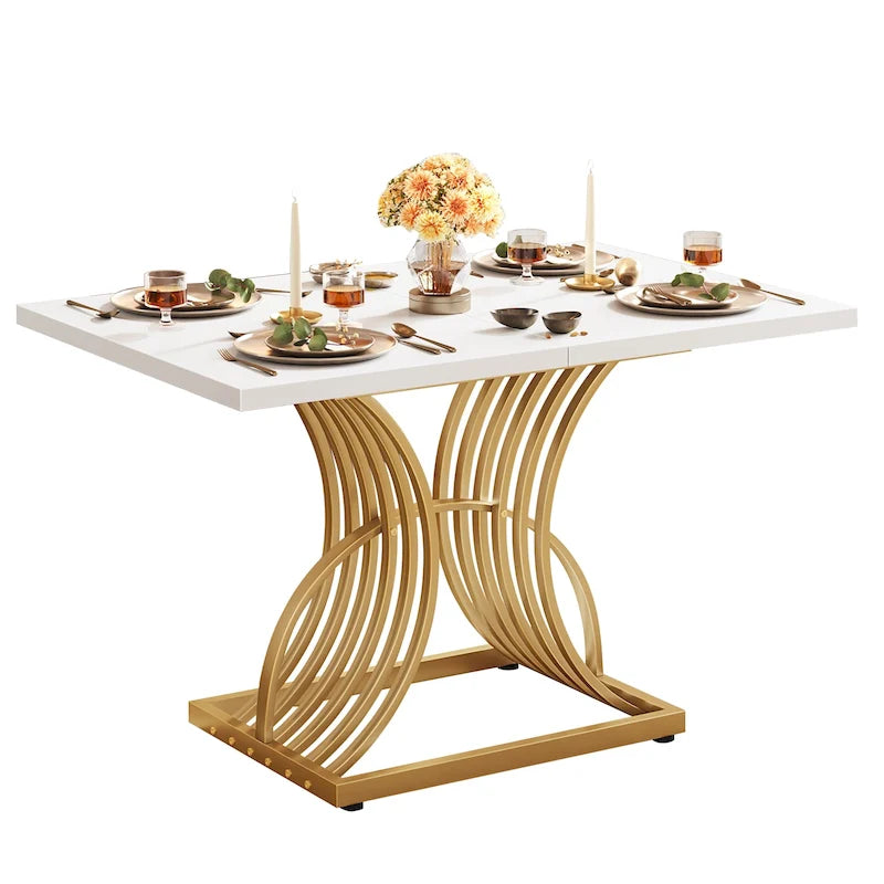 Tavolo da pranzo rettangolare Moasis per 4, tavolo da cucina bianco e oro, tavolo da pranzo