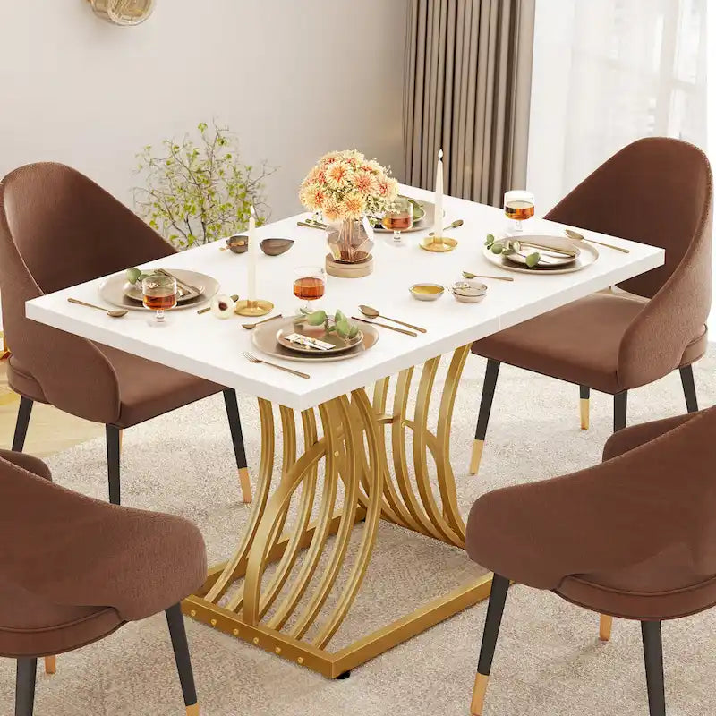 Tavolo da pranzo rettangolare Moasis per 4, tavolo da cucina bianco e oro, tavolo da pranzo