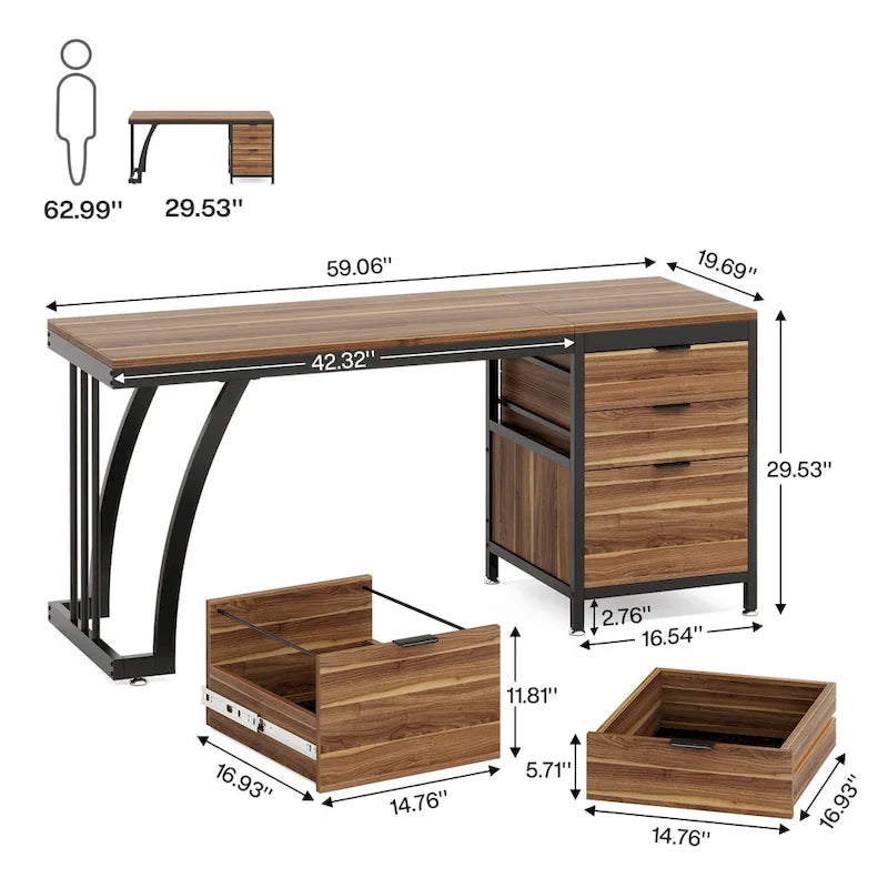 Scrivania per computer in legno/metallo da 59 pollici con 3 cassetti reversibili