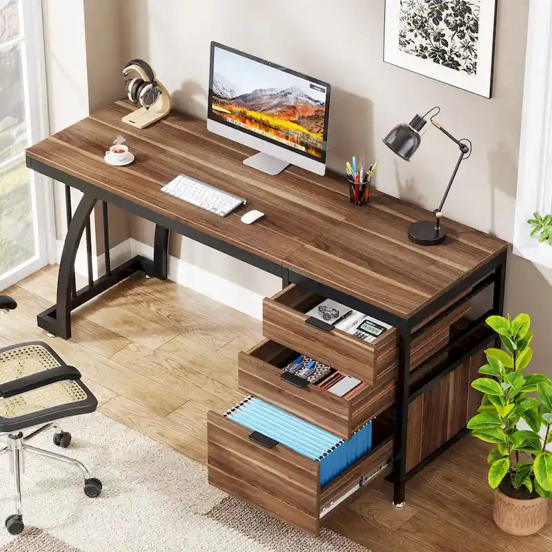 Scrivania per computer in legno/metallo da 59 pollici con 3 cassetti reversibili