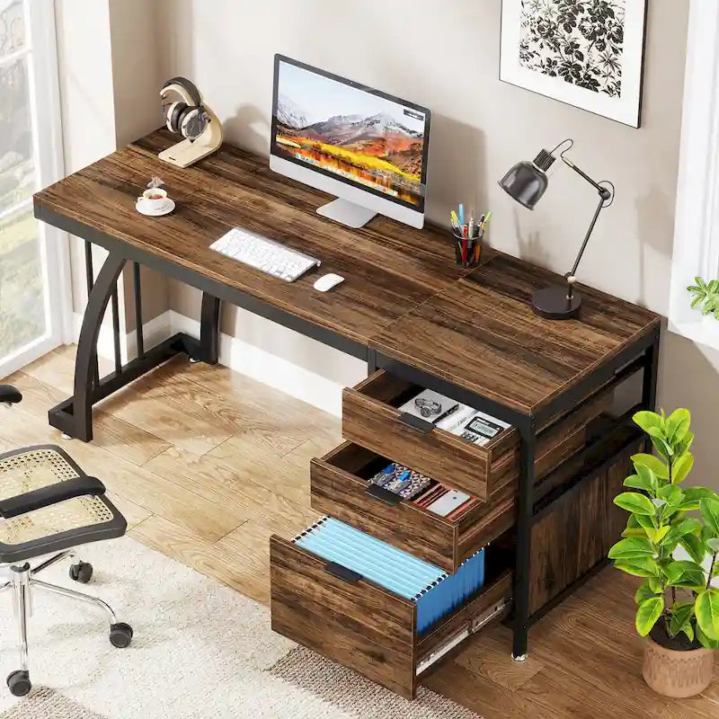 Scrivania per computer in legno/metallo da 59 pollici con 3 cassetti reversibili