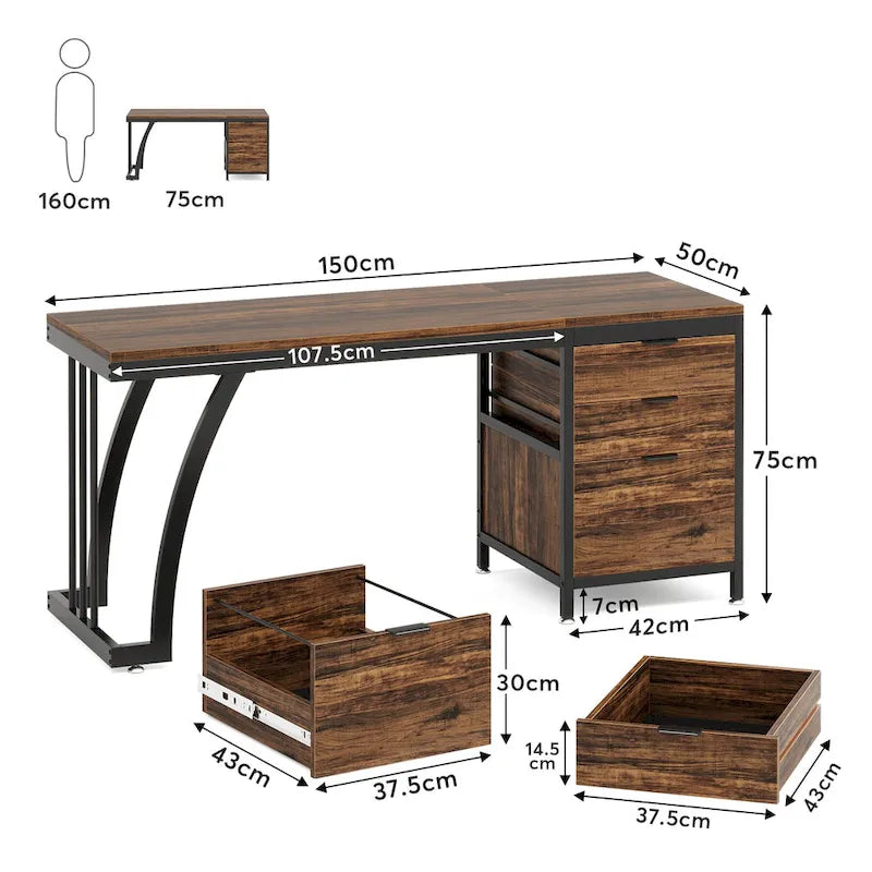 Scrivania per computer in legno/metallo da 59 pollici con 3 cassetti reversibili