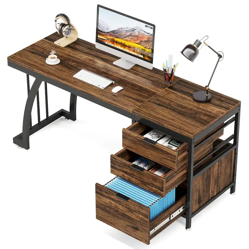 Scrivania per computer in legno/metallo da 59 pollici con 3 cassetti reversibili