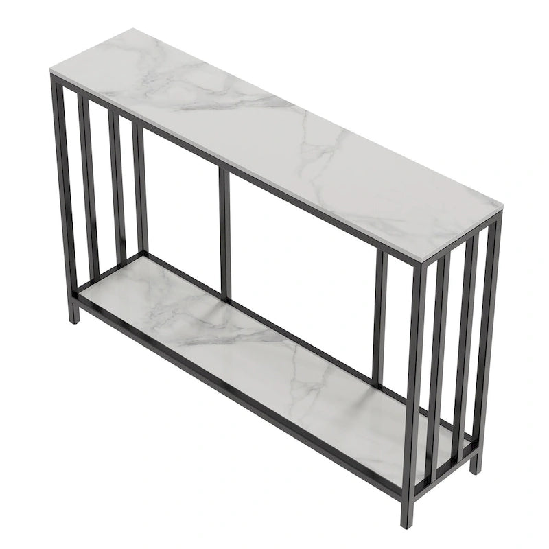 Tavolo consolle in marmo a 2 livelli con struttura in metallo, tavolo portaoggetti per divano - 47,2x11,8x30,7 pollici