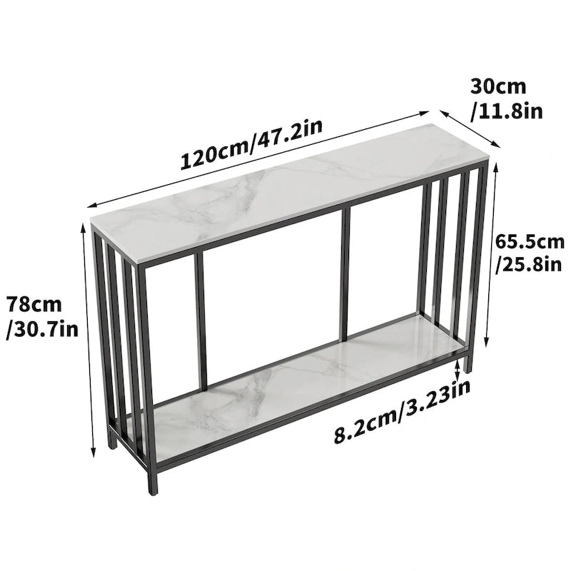 Tavolo consolle in marmo a 2 livelli con struttura in metallo, tavolo portaoggetti per divano - 47,2x11,8x30,7 pollici