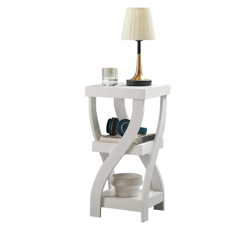 Tavolino laterale, comodino decorativo con gambe curve e ripiani portaoggetti, bianco