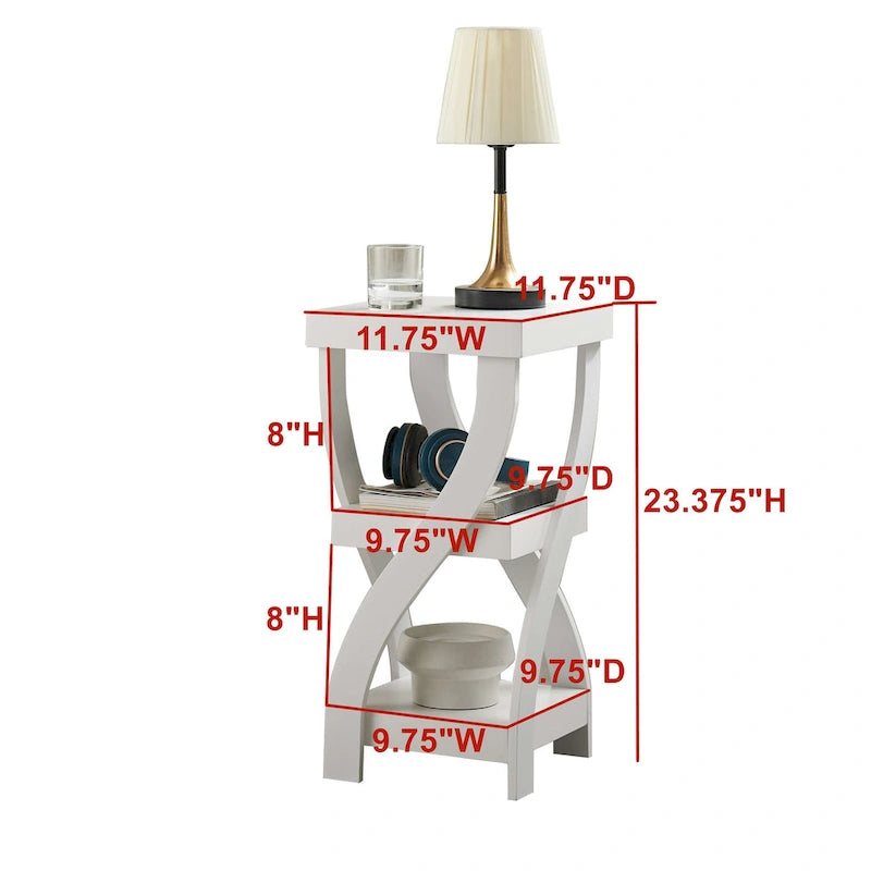 Tavolino laterale, comodino decorativo con gambe curve e ripiani portaoggetti, bianco