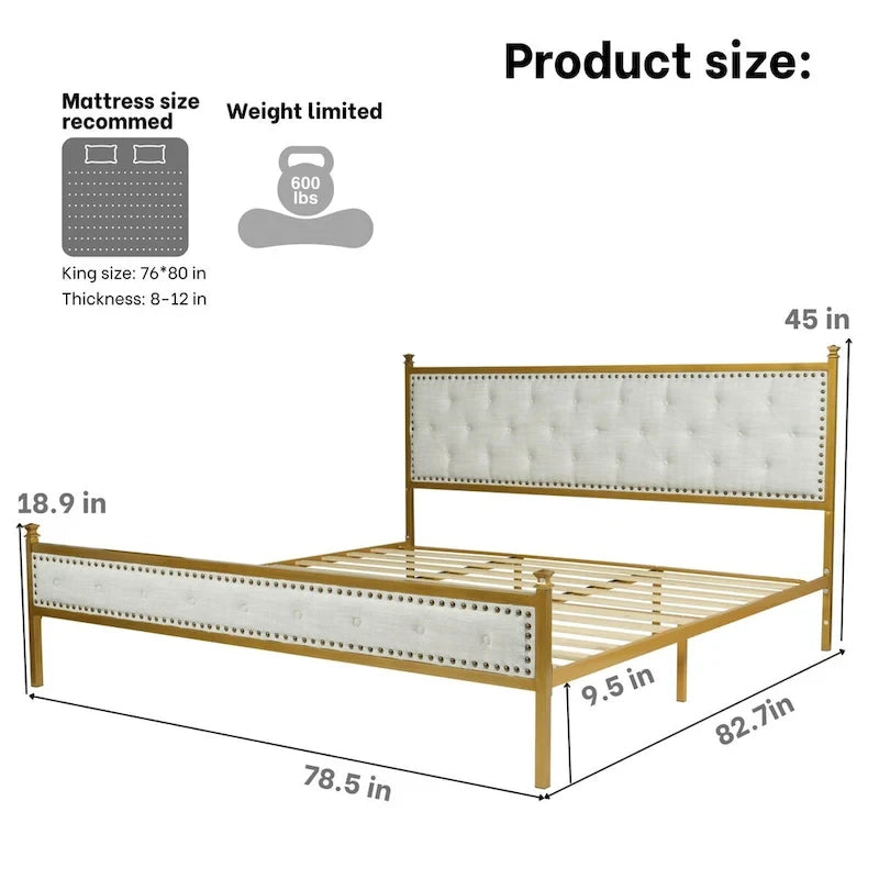 Struttura letto imbottita HomyLin con testiera trapuntata, senza bisogno di box spring