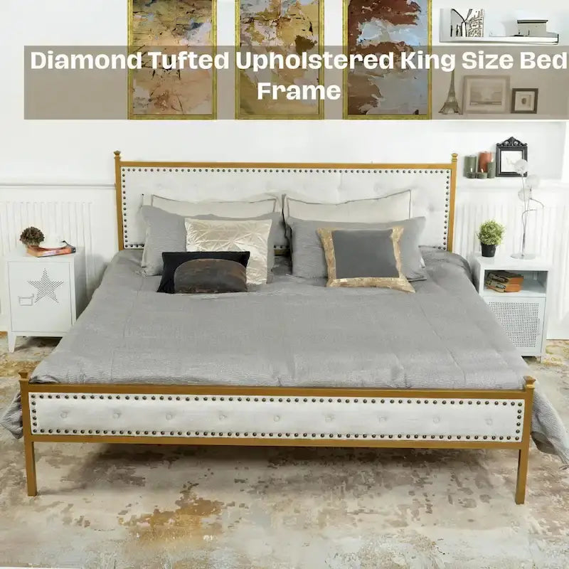 Struttura letto imbottita HomyLin con testiera trapuntata, senza bisogno di box spring