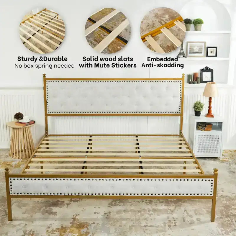 Struttura letto imbottita HomyLin con testiera trapuntata, senza bisogno di box spring