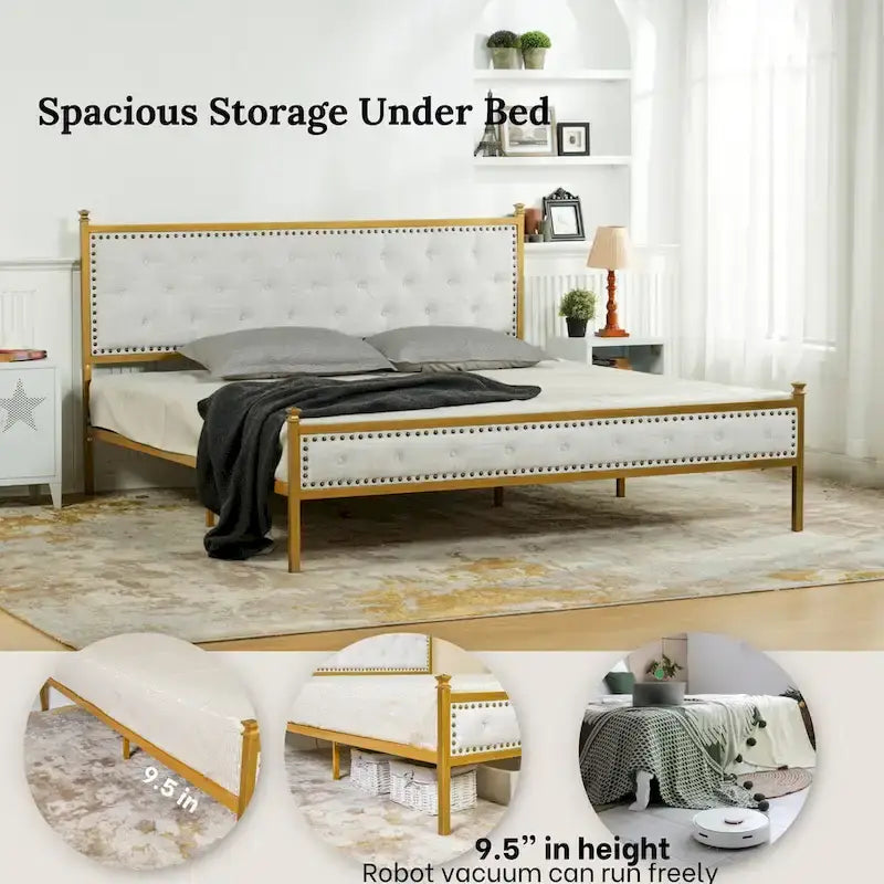 Struttura letto imbottita HomyLin con testiera trapuntata, senza bisogno di box spring