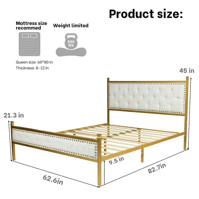 Struttura letto imbottita HomyLin con testiera trapuntata, senza bisogno di box spring