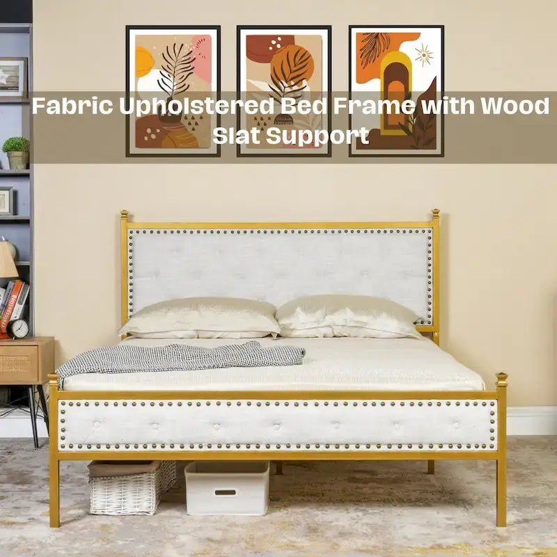 Struttura letto imbottita HomyLin con testiera trapuntata, senza bisogno di box spring
