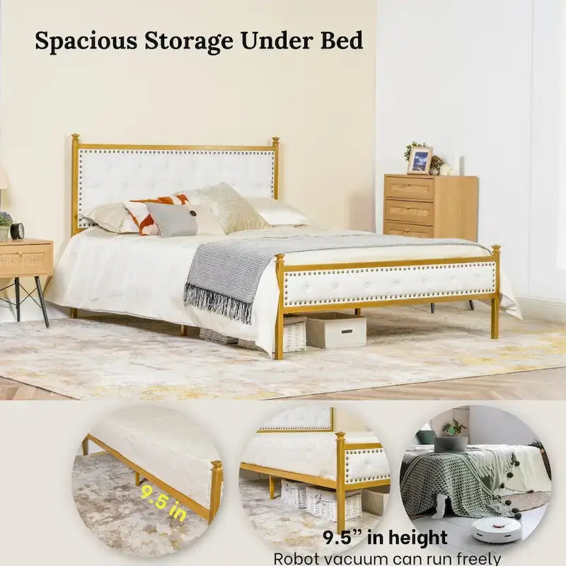 Struttura letto imbottita HomyLin con testiera trapuntata, senza bisogno di box spring
