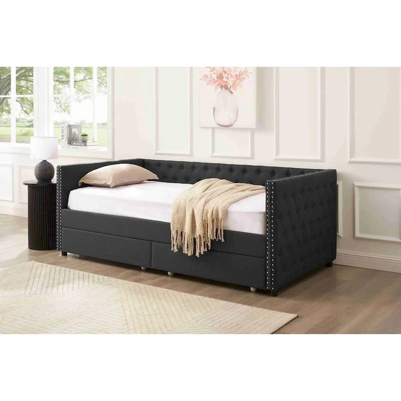Divano letto imbottito con cassetti