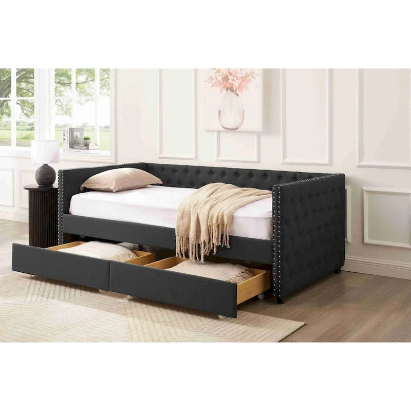 Divano letto imbottito con cassetti