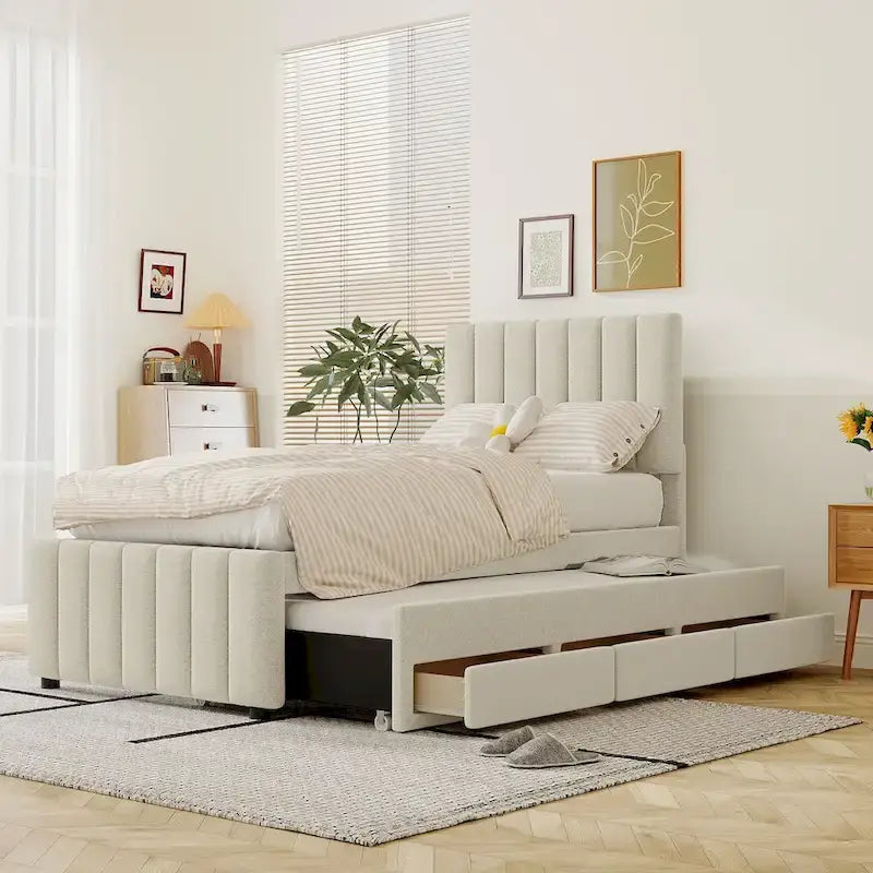 Letto matrimoniale imbottito con piattaforma, rotelle e 3 cassetti, tessuto di lino