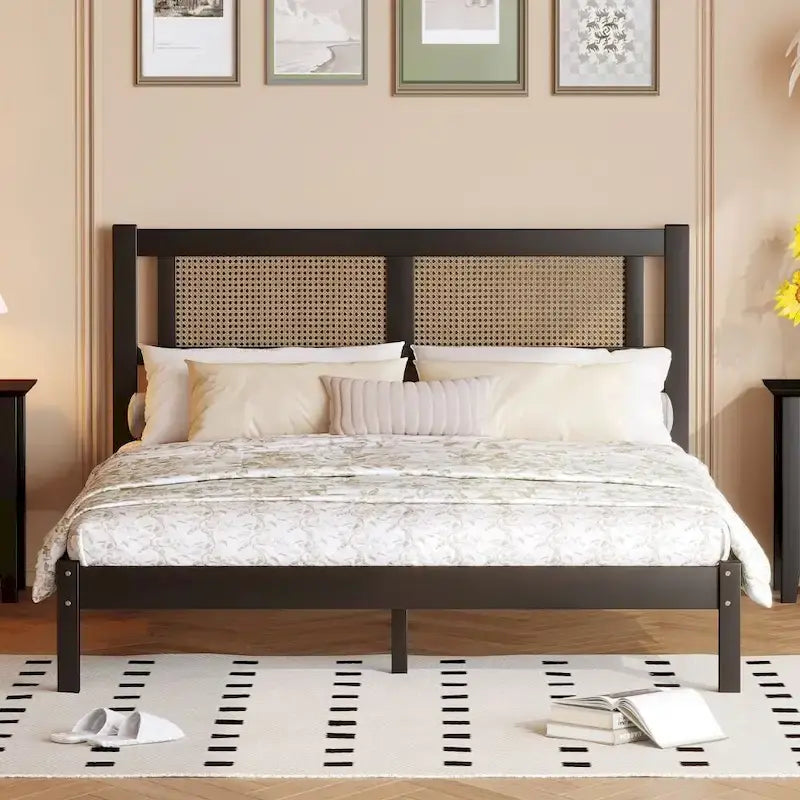 Letto matrimoniale con piattaforma in legno e testiera in rattan naturale, squisita eleganza con fascino minimalista