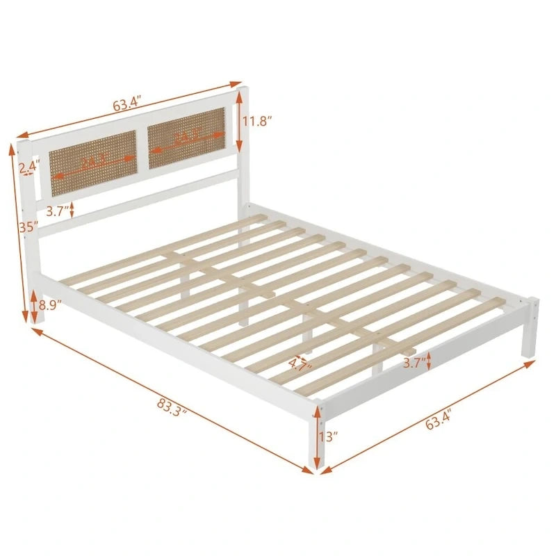 Letto matrimoniale con piattaforma in legno e testiera in rattan naturale, squisita eleganza con fascino minimalista