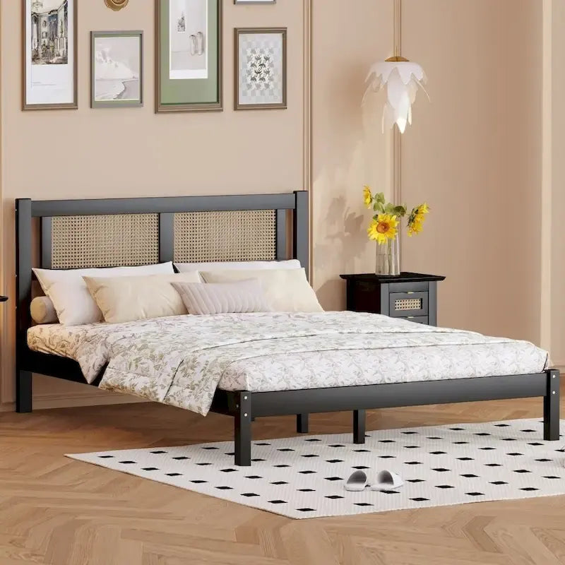 Letto matrimoniale con piattaforma in legno e testiera in rattan naturale, squisita eleganza con fascino minimalista
